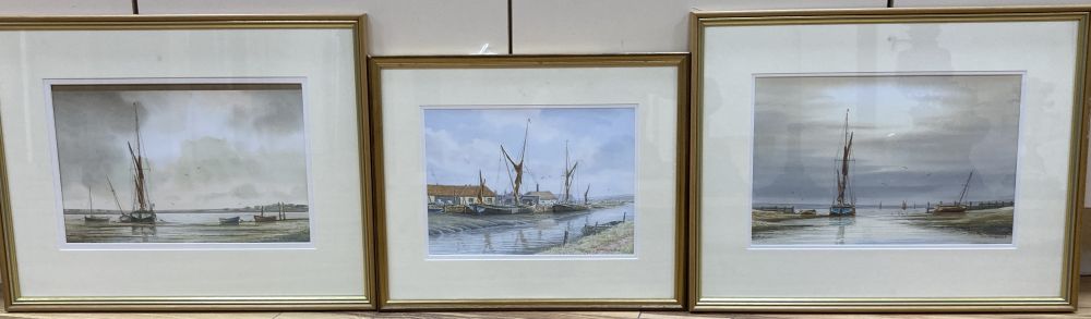 Alan Whitehead, three watercolours, Brick Wharves near Milton, Funton Moorings and Evening by the River Deben, all signed, 22.5 x 34.5c